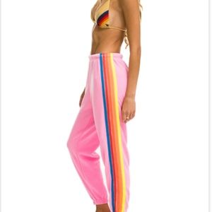 Aviator Nation Neon Pink Rainbow 5 Stripe Sweatpants Large NWOT